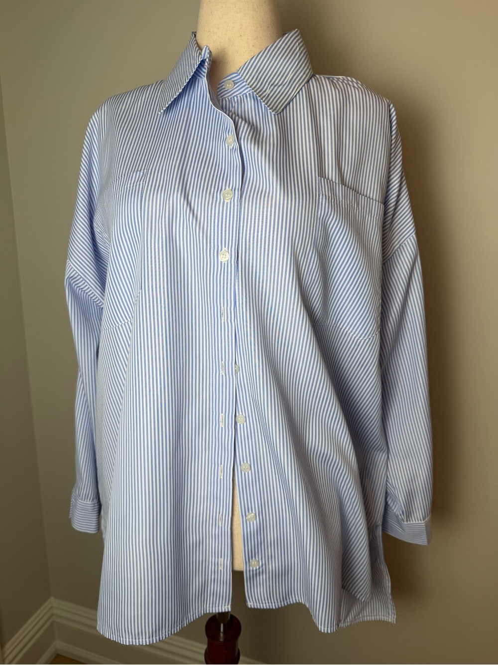 Zenana Outfitters Oversized Light Blue & White Pinstripe Button-Down Shirt